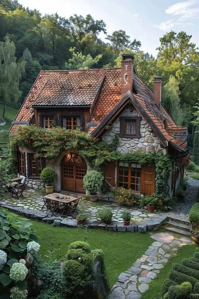 Stone cottage with a winding path in a dense forest.