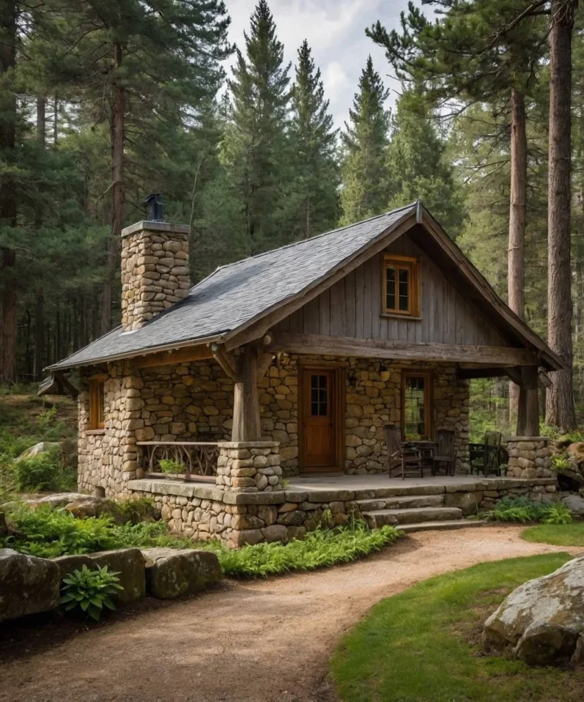 Stone house with porch in dense forest.