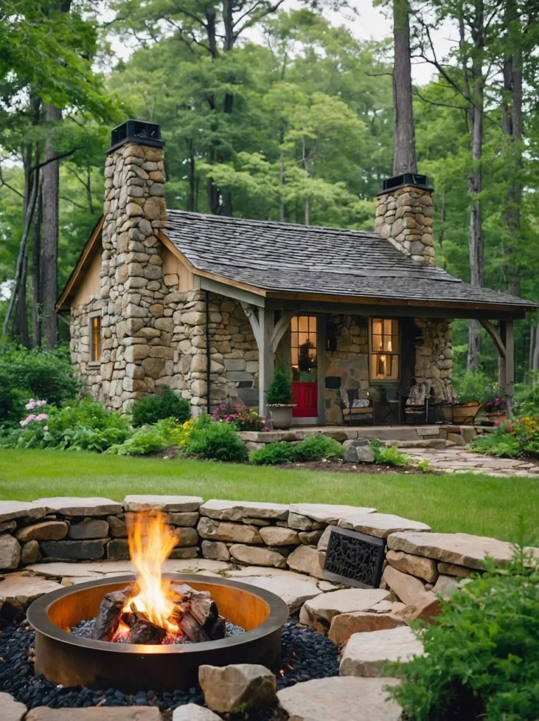 Small stone house with a fire pit and surrounding greenery.