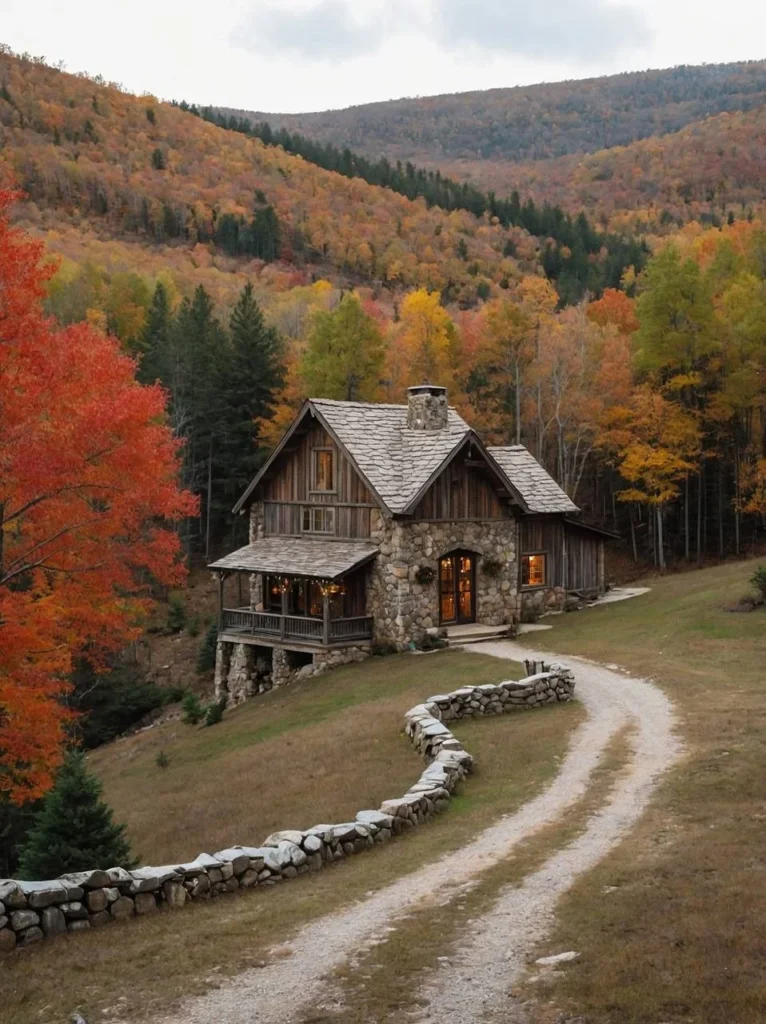 Stone and wood house on a hillside with autumn foliage.