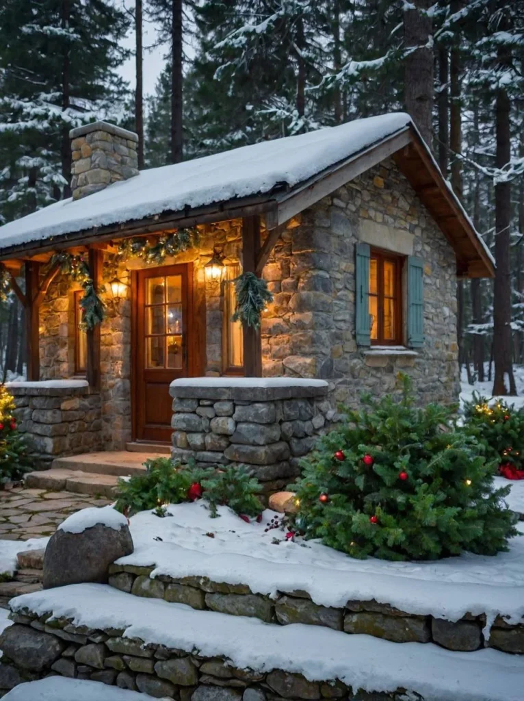 Stone cabin with holiday decorations and light blue shutters in the snow.