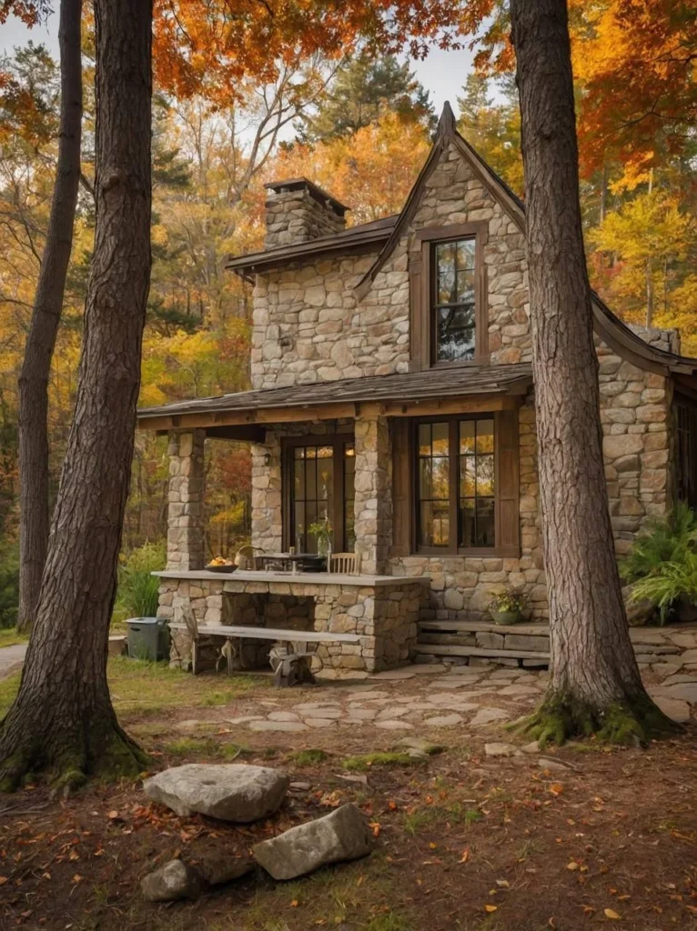 Stone cabin surrounded by tall trees with autumn leaves.