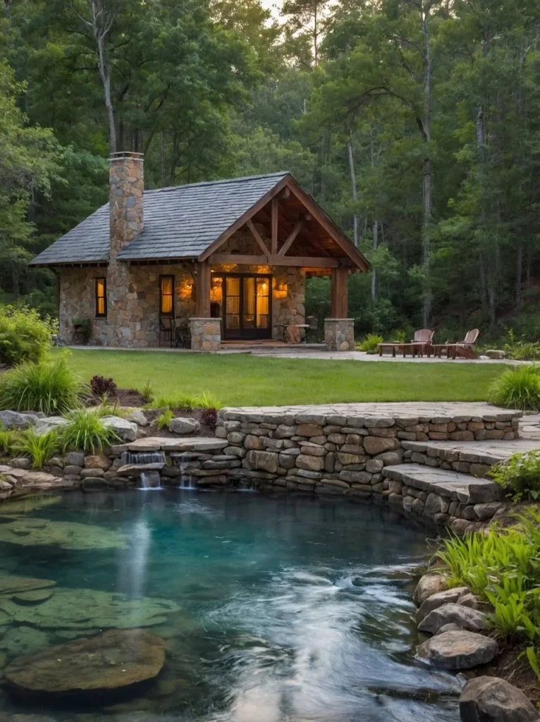 Stone house with terracotta roof tiles, a balcony, and a covered patio.