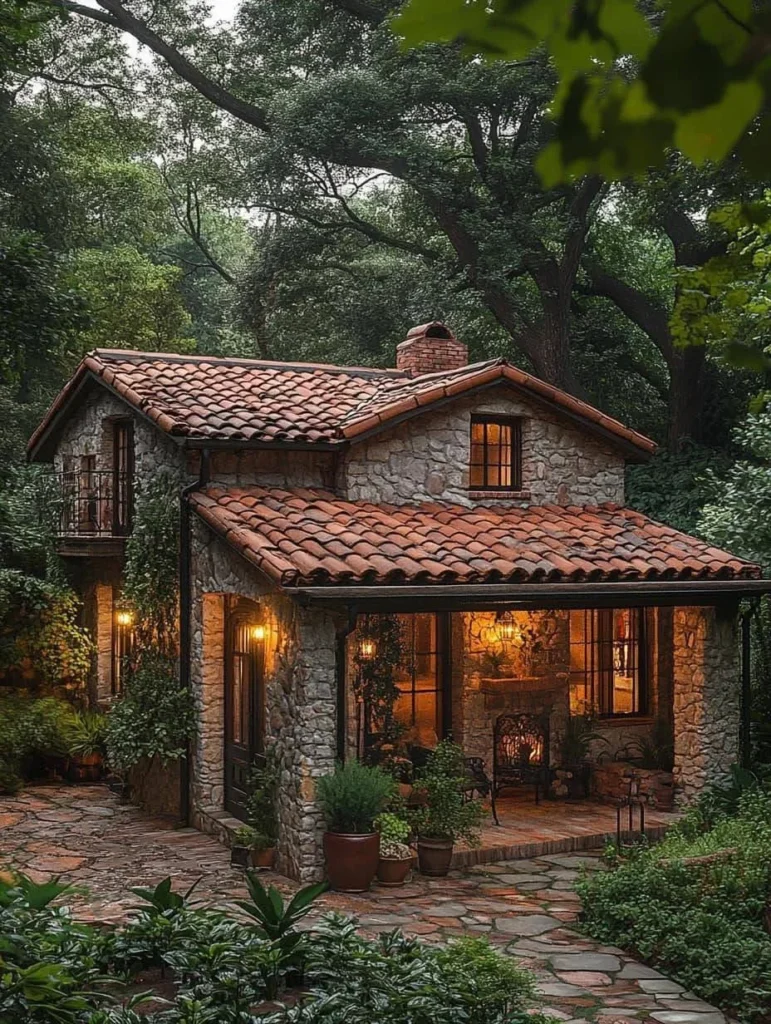 Modern stone and wood house in a forest setting.