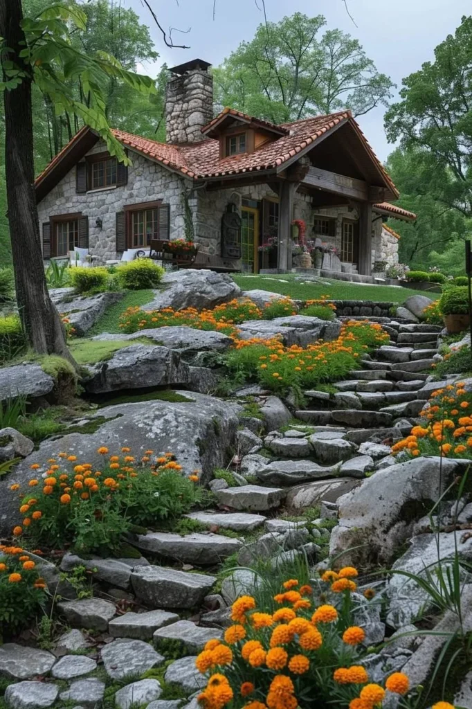 Stone house with a stone staircase lined with orange flowers.