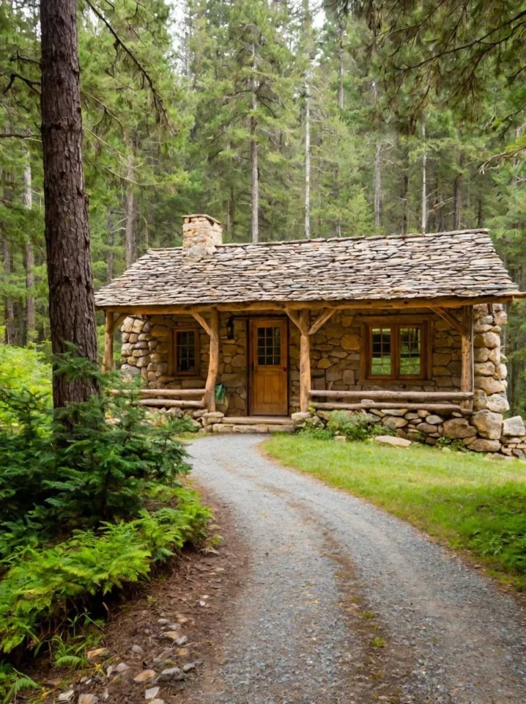 Small stone and log cabin in a dense pine forest.