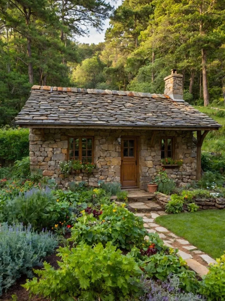 Small stone cottage surrounded by lush gardens and a stone path.