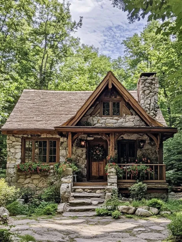 Small stone house with flower boxes, surrounded by trees.