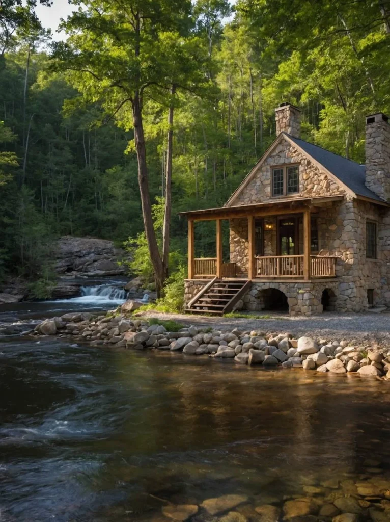 Stone cabin on a riverbank with a covered porch.