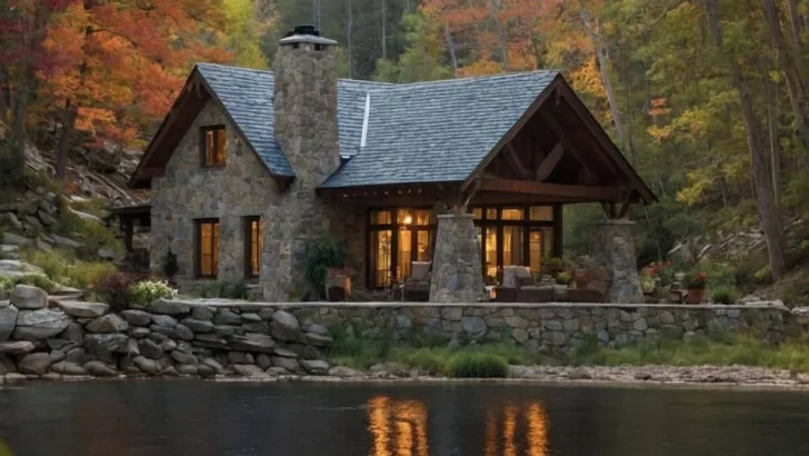 Stone house on a lake with autumn foliage and lights reflecting in the water.