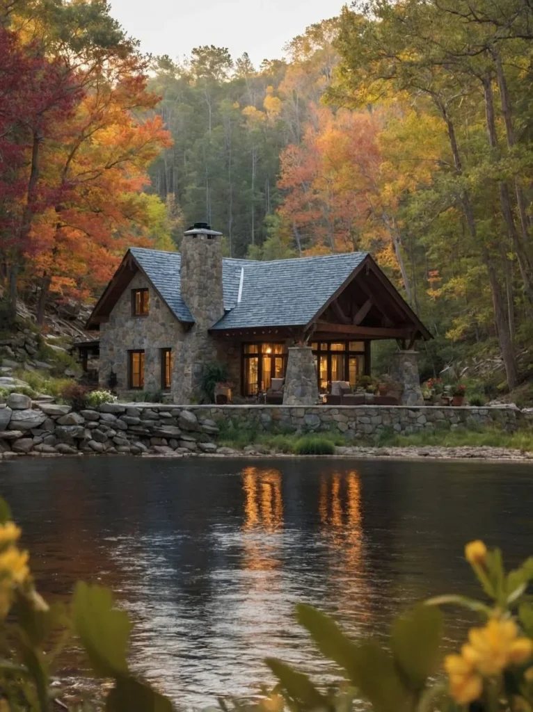 Stone house on a lake with autumn foliage and lights reflecting in the water.