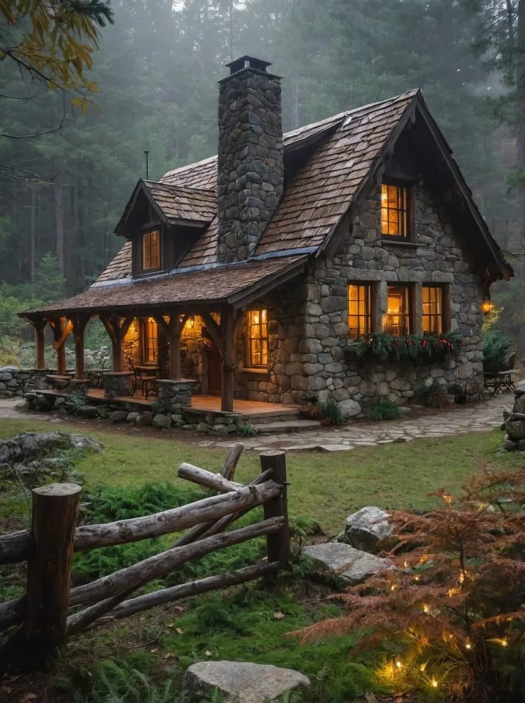 Stone house in a misty forest with warm interior lighting.