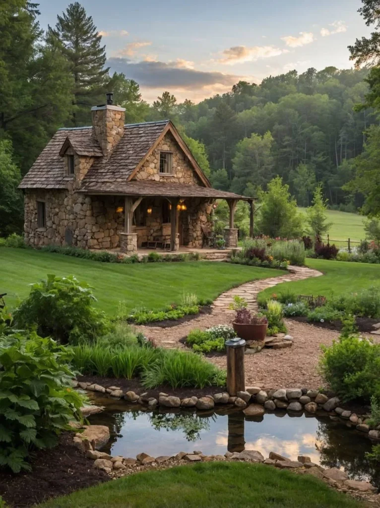 Stone house with a winding path and reflecting pond.