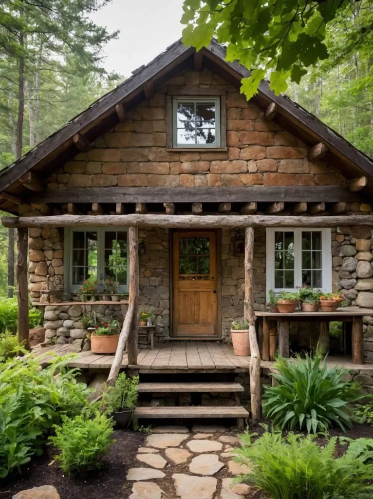 Log cabin with stone foundation and wooden porch.