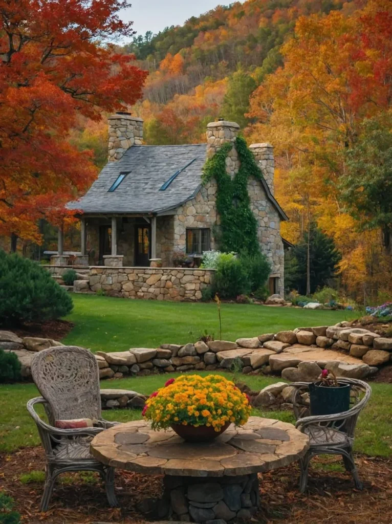 Stone house surrounded by autumn leaves and outdoor furniture.