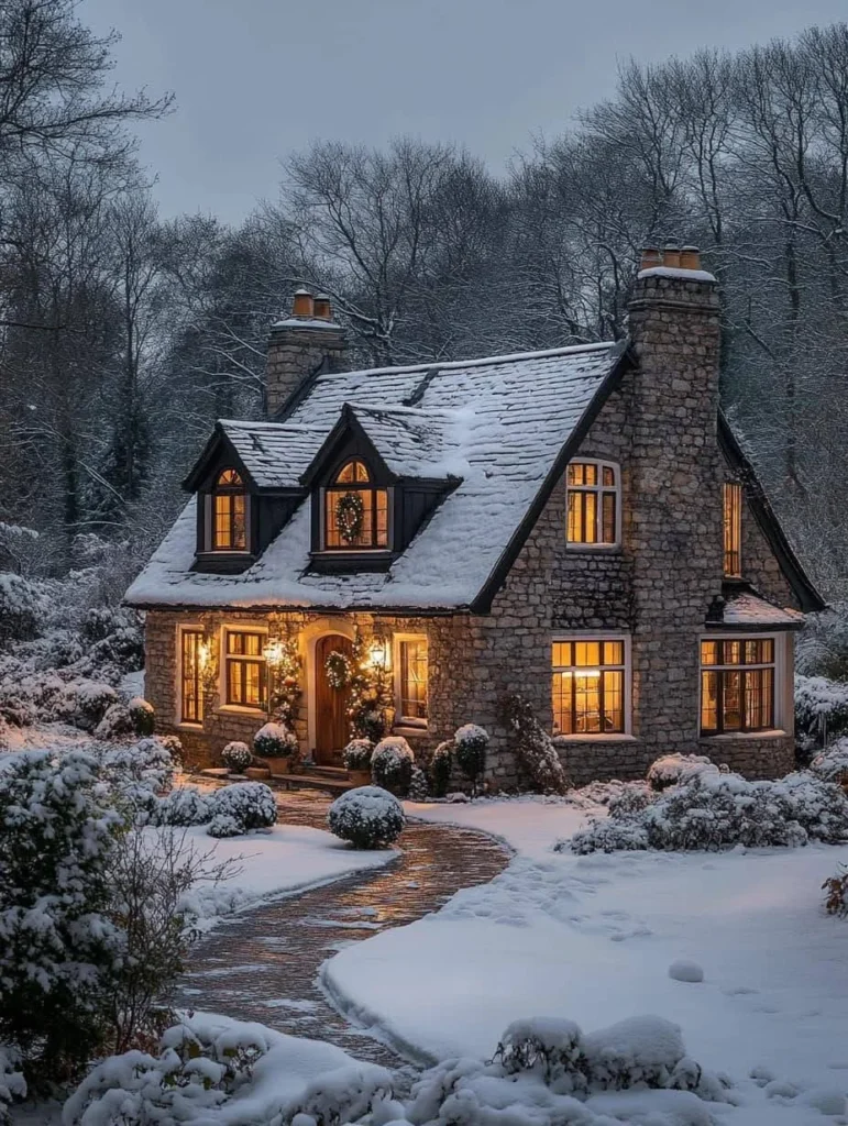 Stone cottage in a snowy landscape at dusk.