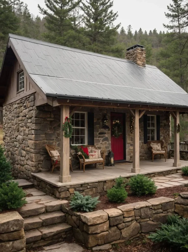 Stone house with a metal roof and red door.