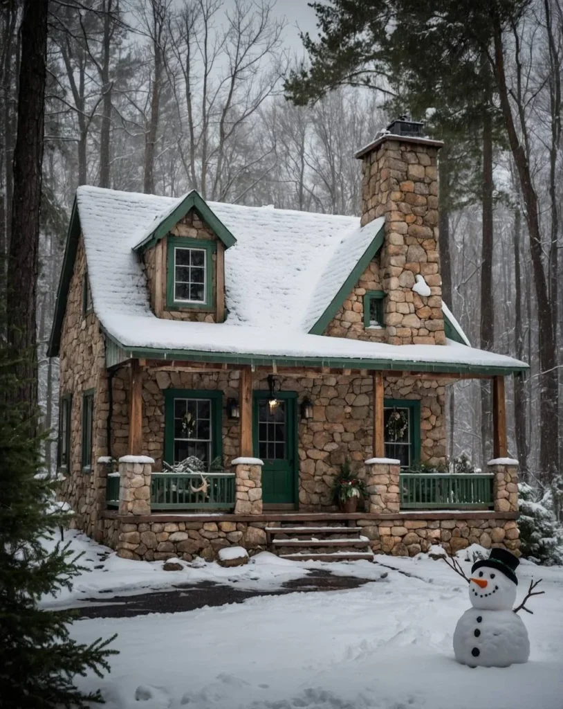 Stone cabin with green trim in a snowy forest.