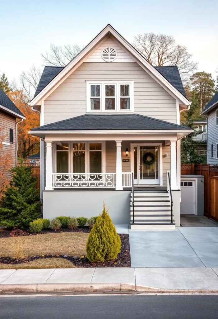 Classic tiny house design with a gray exterior, white trim, and an inviting front porch.