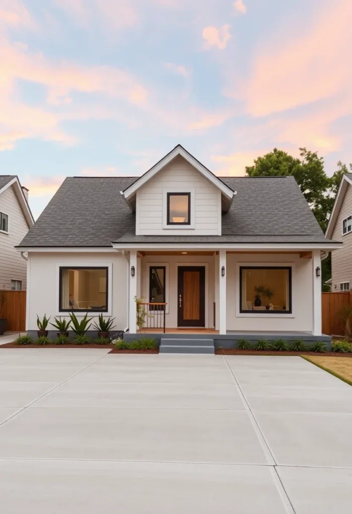 Modern farmhouse-style tiny house with a gabled dormer, dark window trim, and a cozy porch.