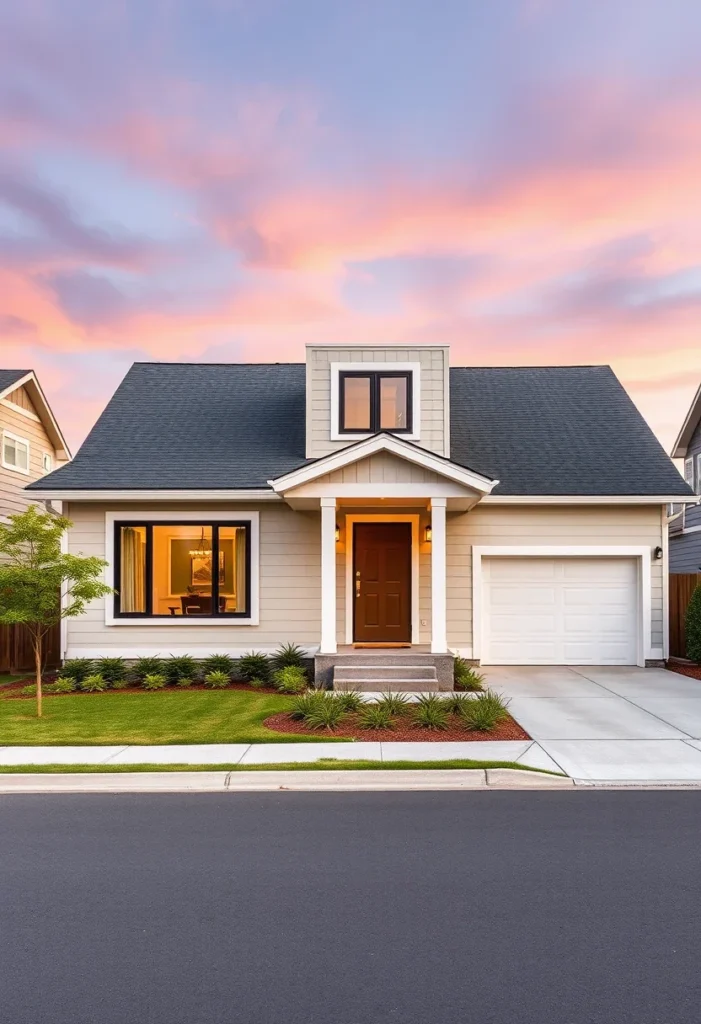 Cottage-style tiny house with a dormer window, neutral siding, and a cozy front porch.