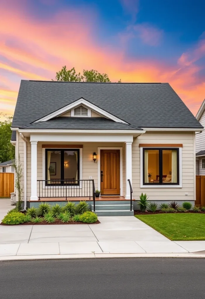 Classic tiny house with a warm wood door, beige siding, and a cozy front porch.