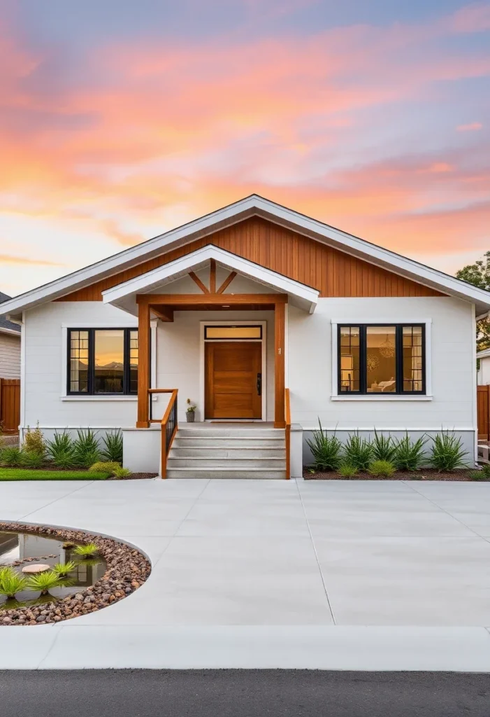 Modern rustic tiny house with a gabled porch, wood accents, and black window frames.