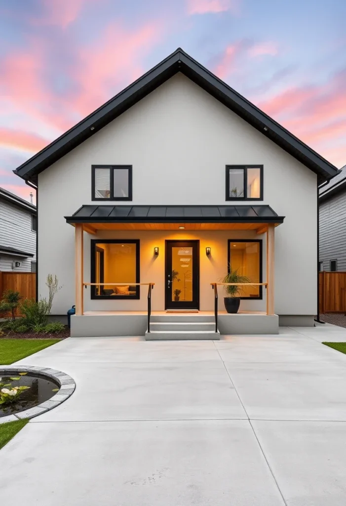 Modern minimalist tiny house with black-trimmed windows, white façade, and wood accents.