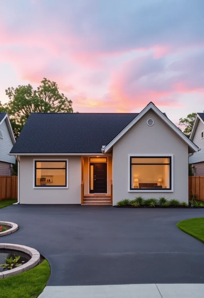 Modern tiny house with black and neutral exterior, large windows, and a landscaped driveway.