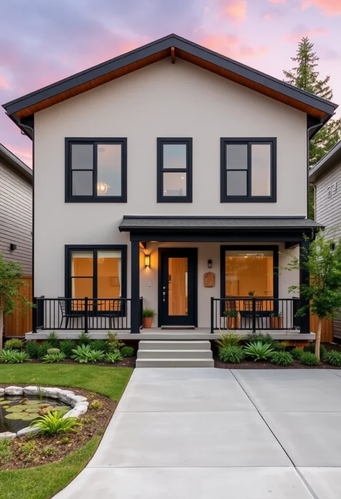 Modern tiny house with black and white exterior, covered porch, and landscaped garden.