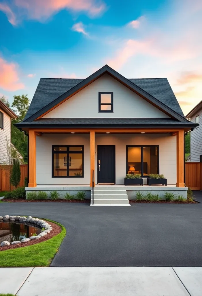 Modern farmhouse tiny house with wooden beams, black trim, and cozy front porch.