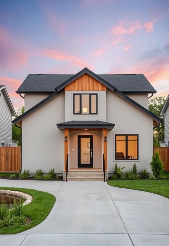 Modern gable tiny house with wood paneling, black-framed windows, and stylish entrance.