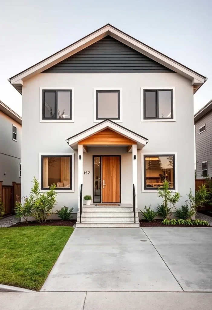 Modern two-story tiny house with wood entrance, black-framed windows, and minimalist design.