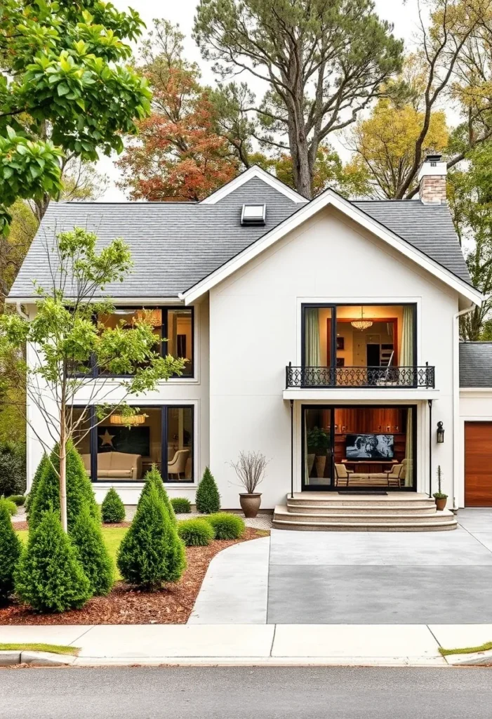 Modern tiny house with large windows, a balcony, and an open-concept design.