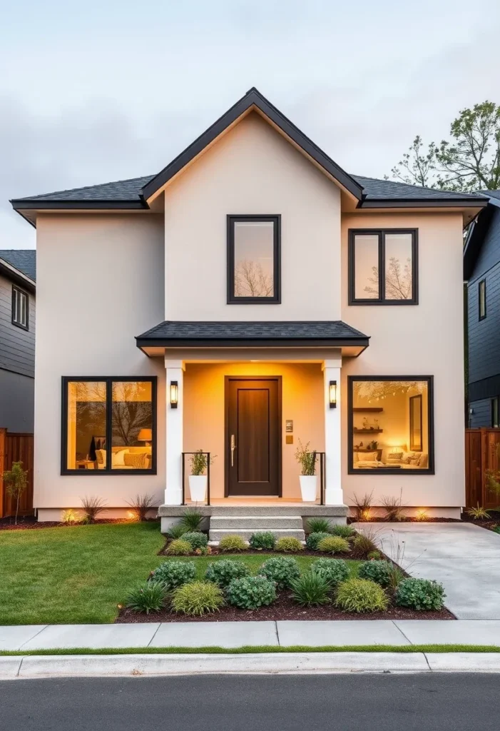 Modern two-story tiny house with black-framed windows, neutral stucco, and warm lighting.