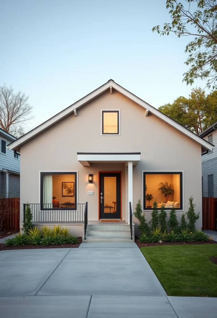 Minimalist tiny house with neutral tones, large windows, and modern black railings.