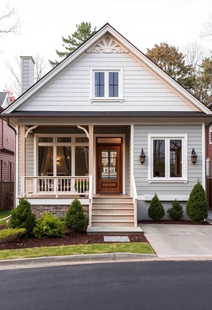 Charming gray tiny house with a covered front porch and classic white trim.