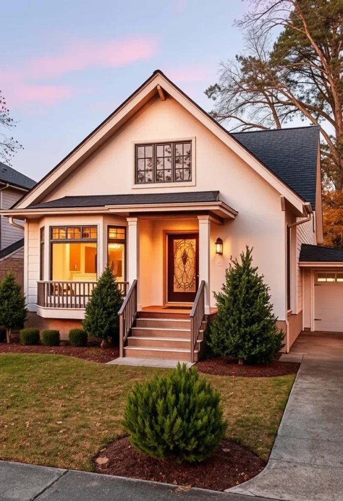 Cozy tiny house with bay windows, warm exterior lighting, and a charming front porch.