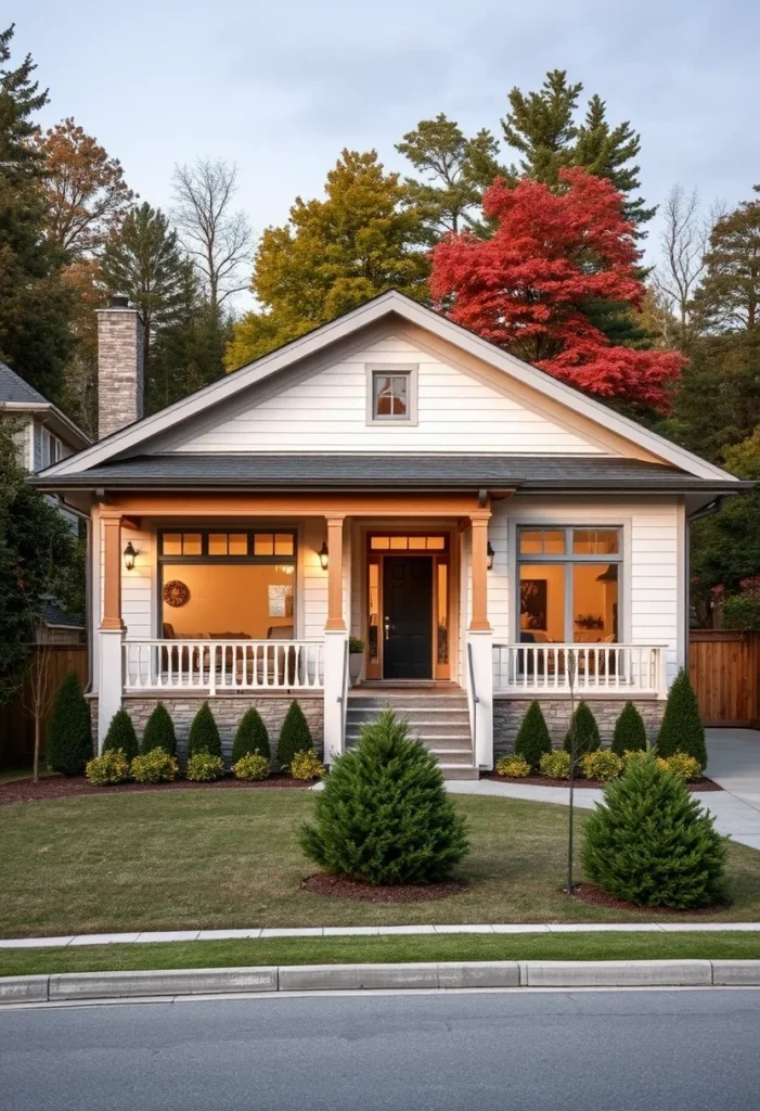 Tiny bungalow with a classic front porch, warm wood accents, and inviting curb appeal.