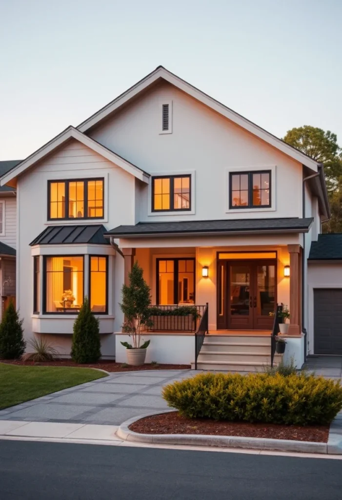 Contemporary tiny house with black-framed windows, a bay window, and a cozy front porch.