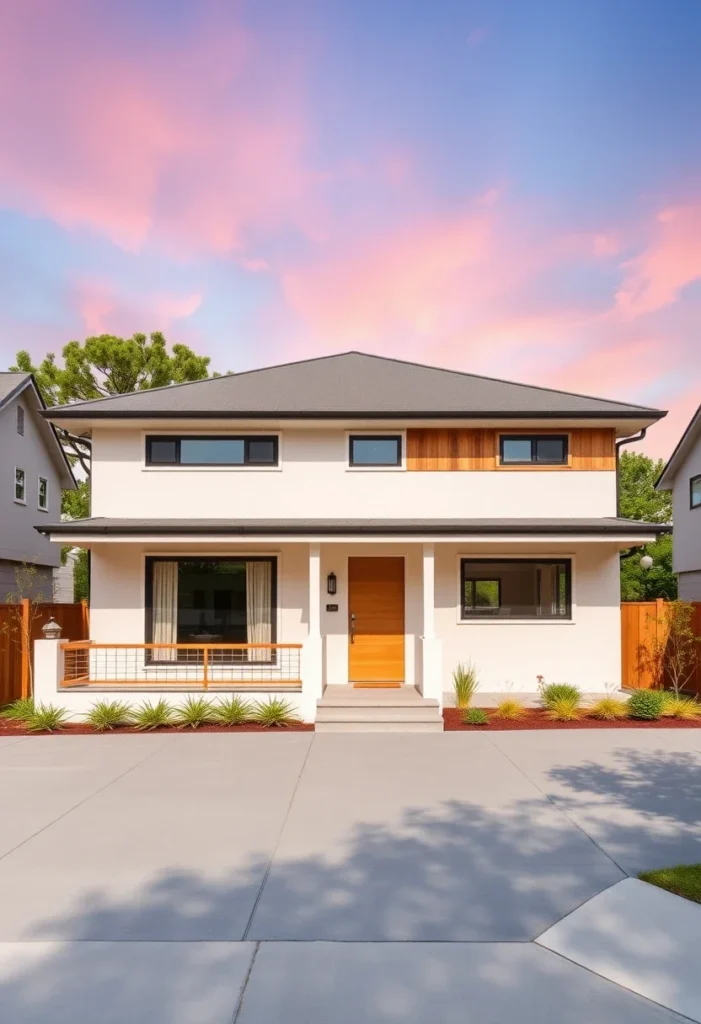 Minimalist tiny house with a flat roof, wood accents, and a modern aesthetic.