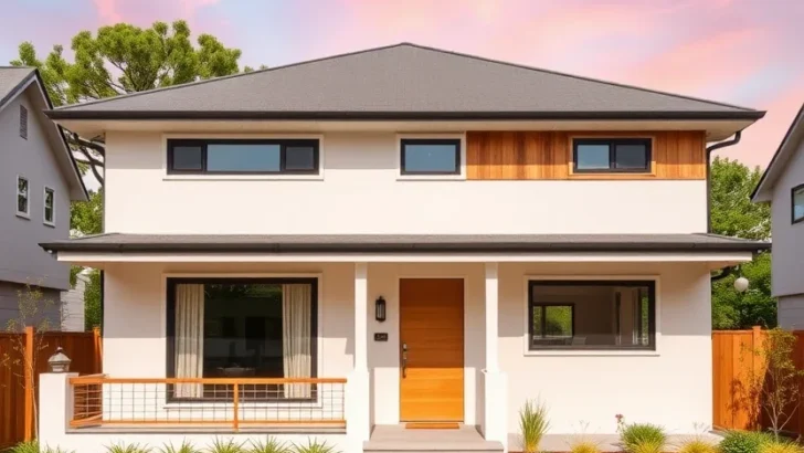 Minimalist tiny house with a flat roof, wood accents, and a modern aesthetic.