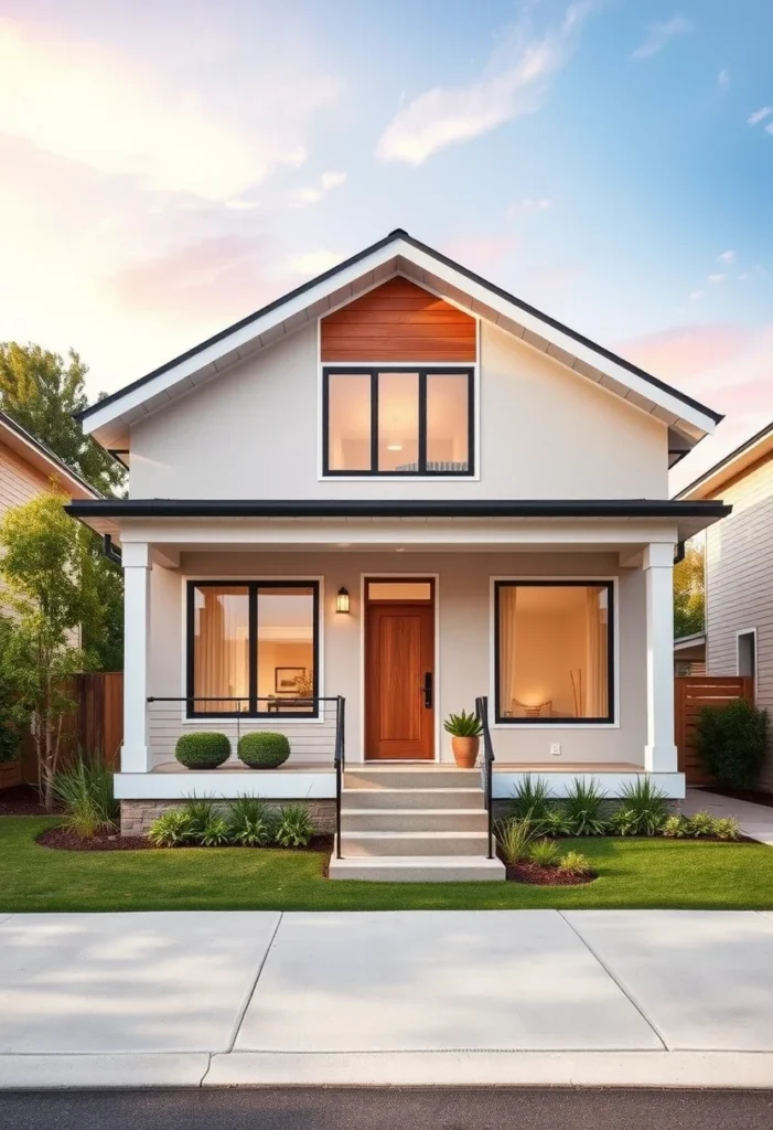 Modern tiny house with a wood-accented gable, large windows, and a warm-toned front door.