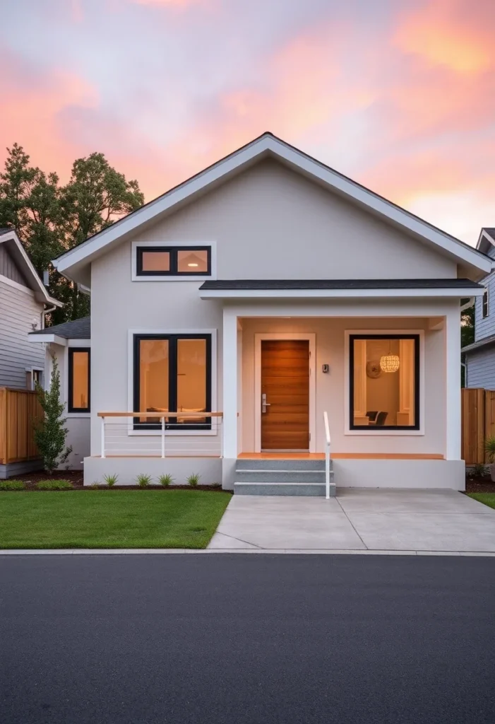 Minimalist tiny house with white walls, black-framed windows, and wood accents.