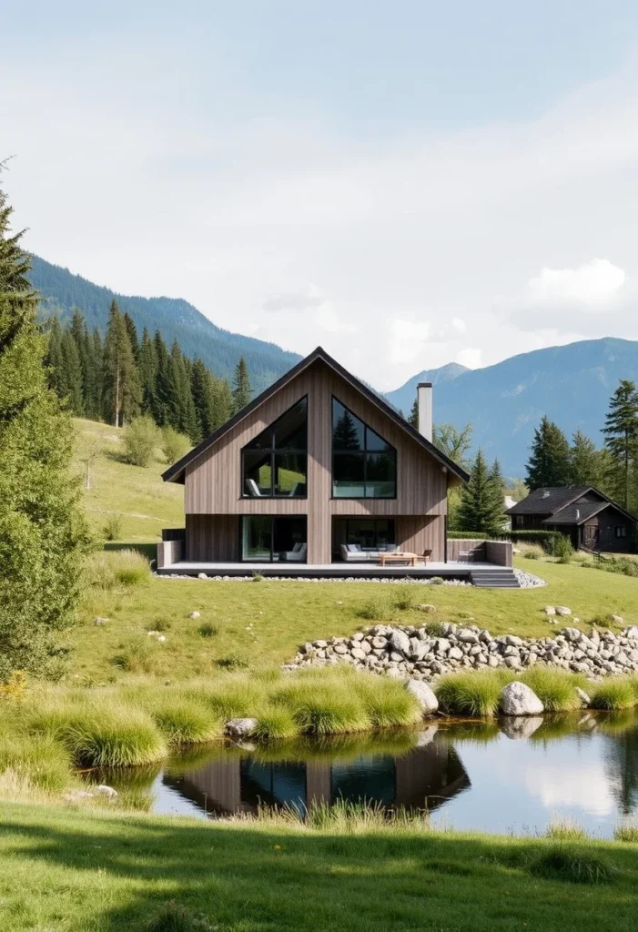 Scandinavian Design Mountain Home Reflective Pond Landscape