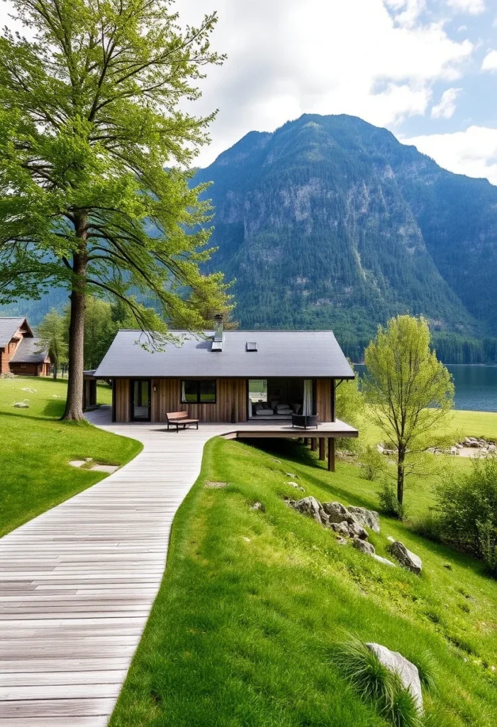 Lakeside Home Wooden Walkway Landscape Design