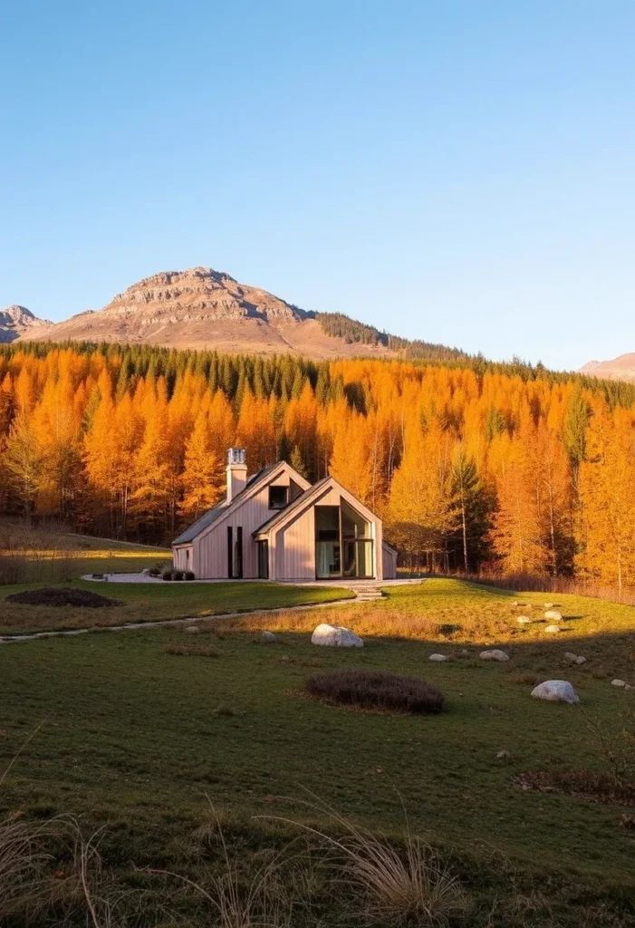 Mountain Home Autumnal Forest Setting Larch Trees