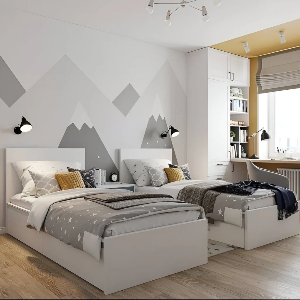 Shared Bedroom with Mountain Mural and Twin Beds