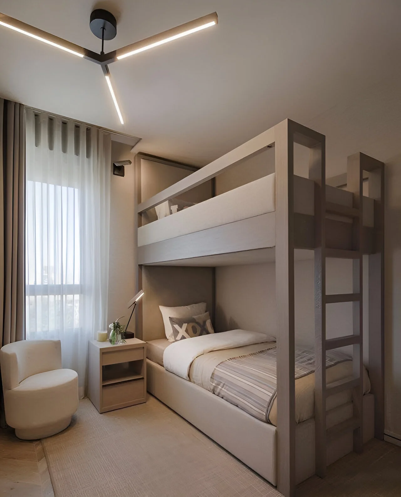 Neutral Toned Shared Bedroom with Bunk Beds.