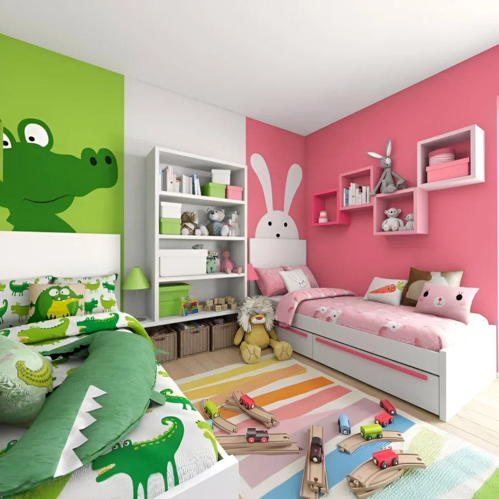 Colorful Shared Bedroom with Pink and Green Zones